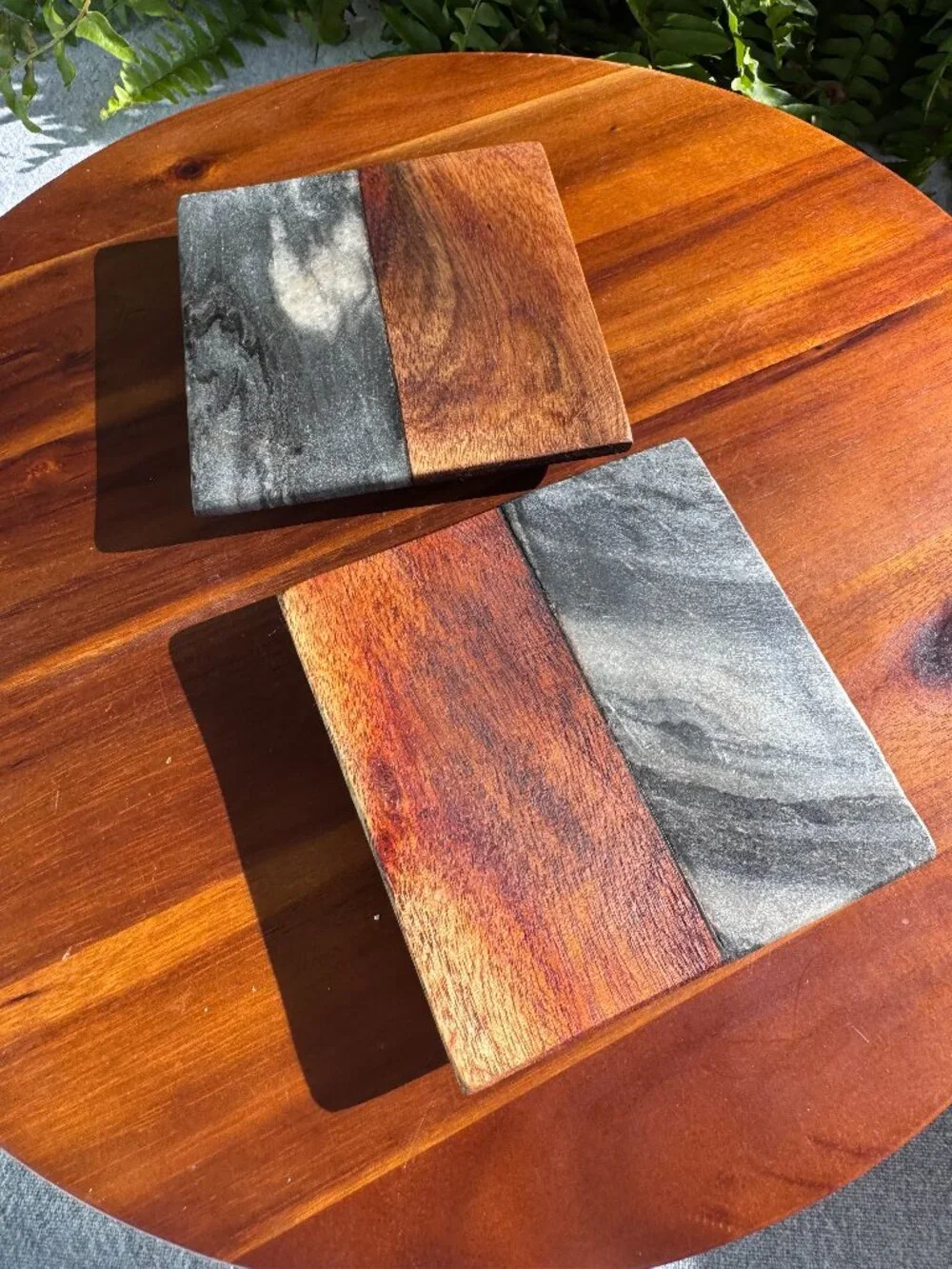 Artisan Acacia Wood and Marble Coaster Set of 2, Modern Stone Drink Coasters